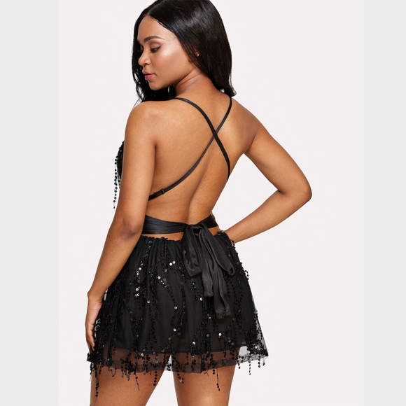 Plunging V Black Sequin Fringe Backless Mini Dress - Picture 5 of 8